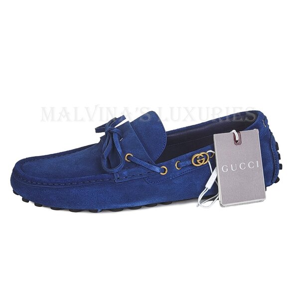 GUCCI SHOES MENS DRIVER BLUE SUEDE LEATHER INTERLOCKING G LOGO sz 10.5 11 US - Picture 11 of 16